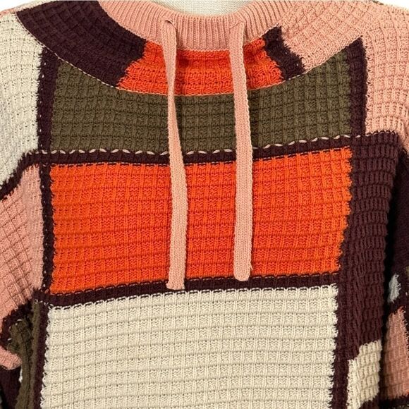 Women's Large Color Block Waffle Knit Cowl Neck Sweater, Peach/Orange/Brown - Picture 2 of 4